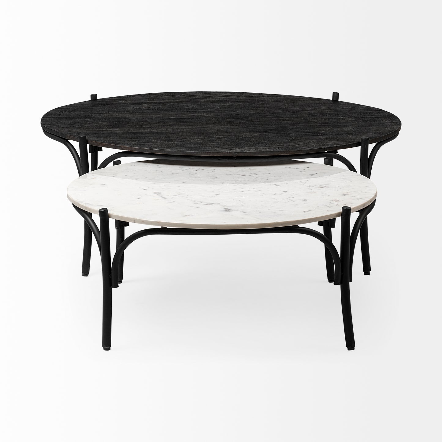 Etienne 36" Round White Marble Top Black Metal Base Coffee Table