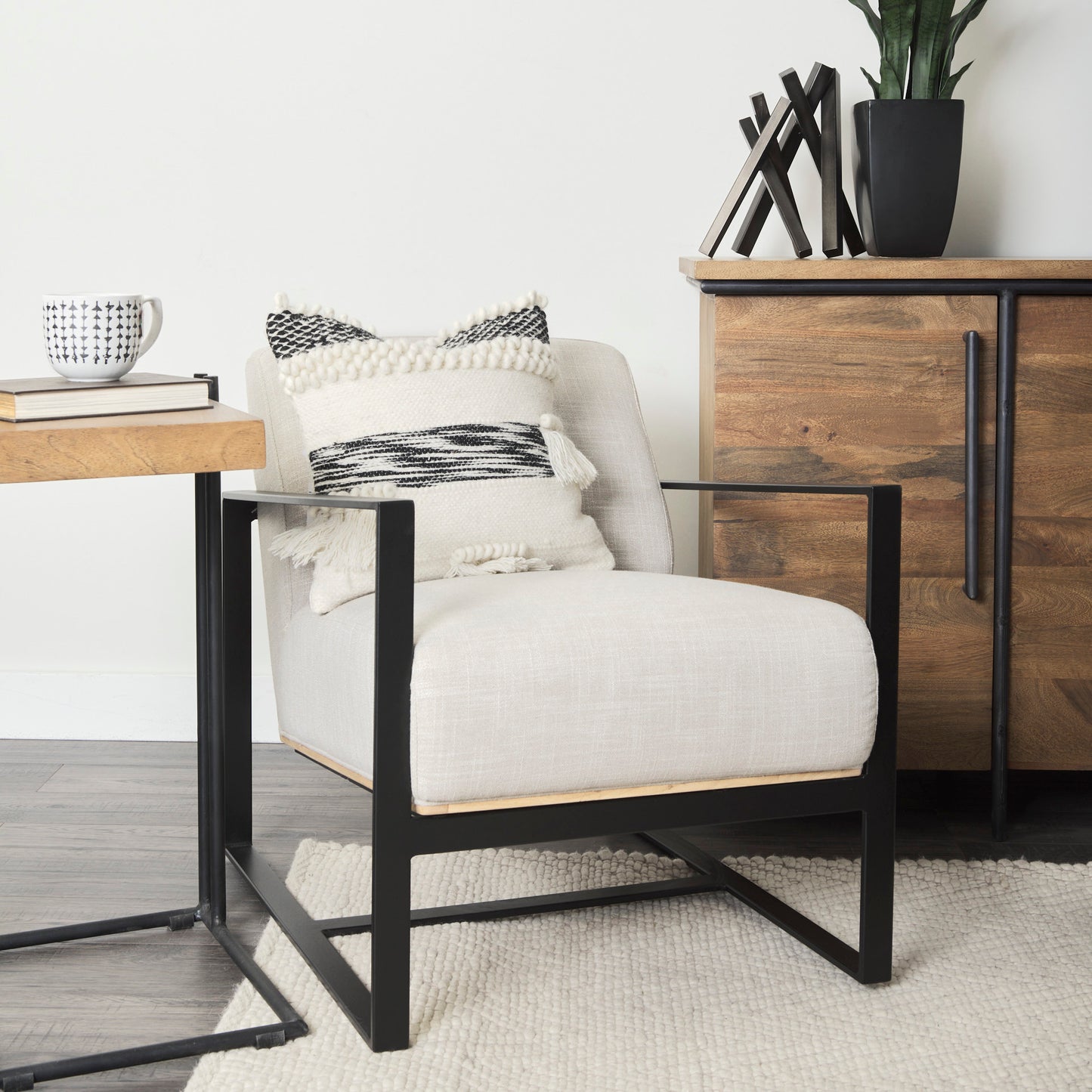 Stamford Light Beige Upholstered Seat w/ Wood Back, Metal Frame Accent Chair