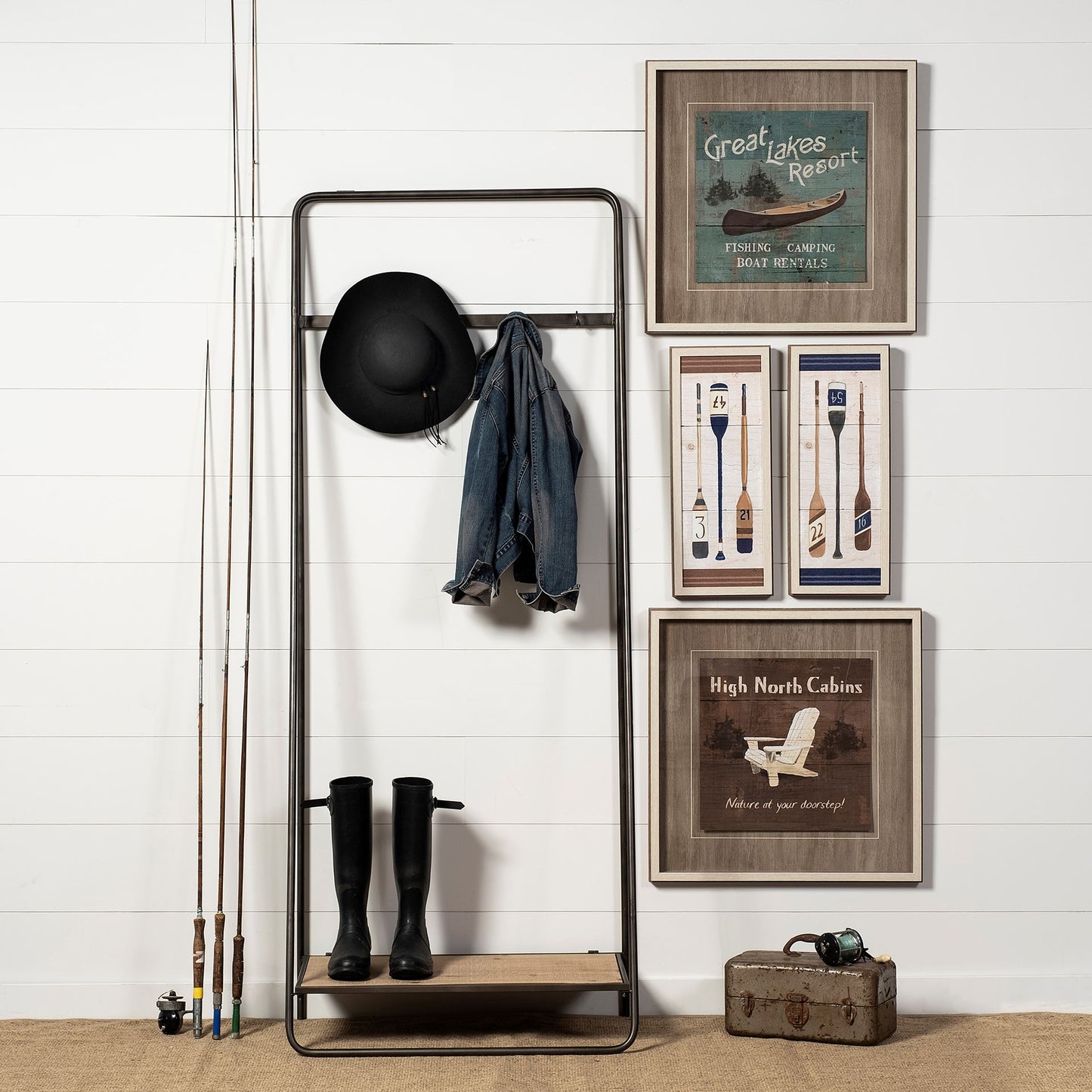 Carell 31L x 18W Black Metal And Wood Shelf Hall Tree