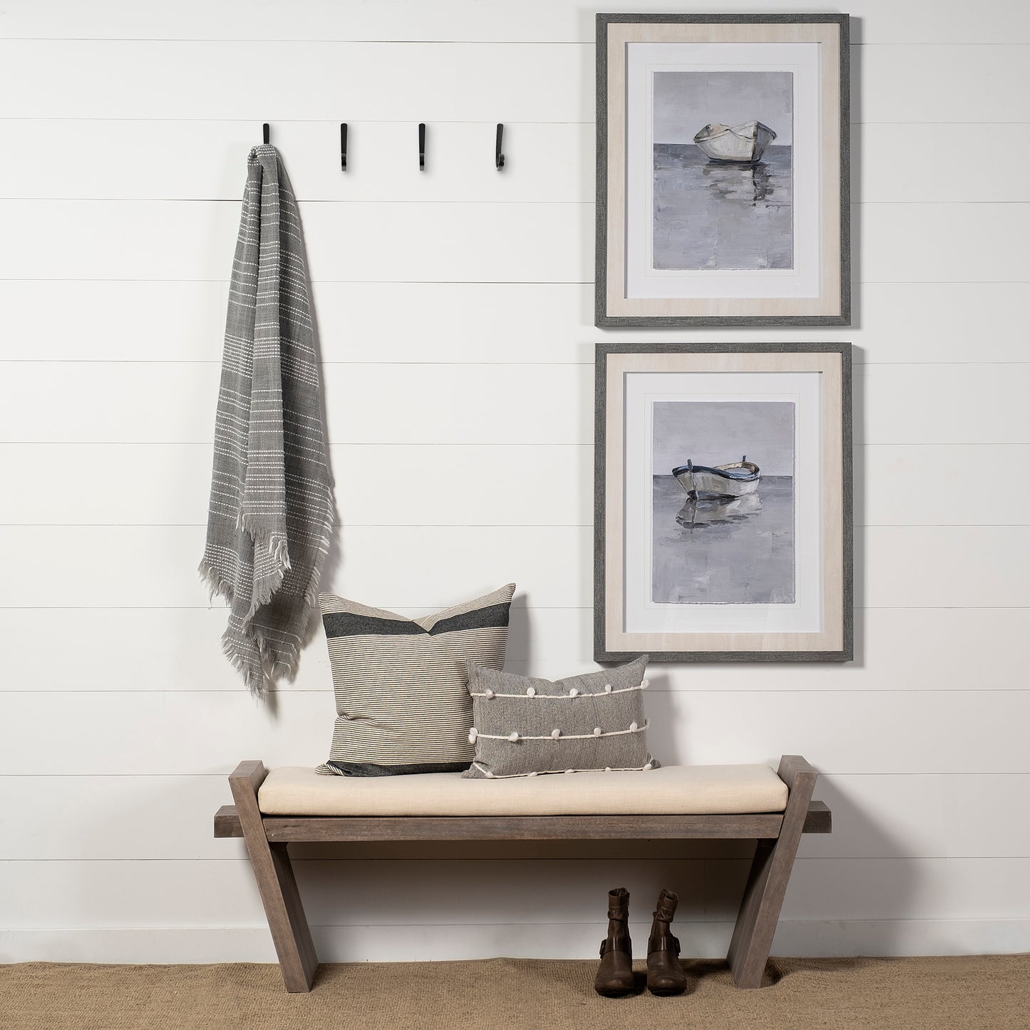 Elaine I 58L x 14.75W x 20H Brown Wood Upholstered Cream Seat Entryway Bench