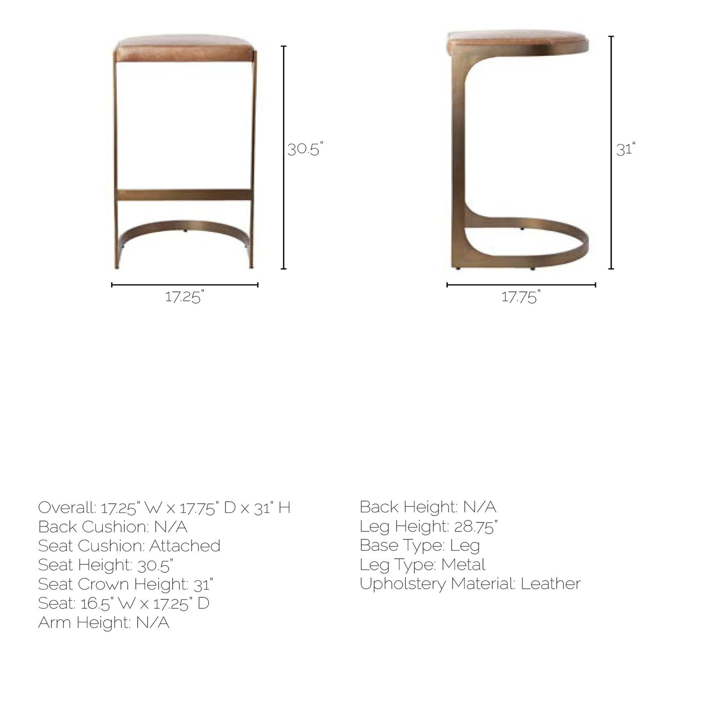 Tyson 31" Seat Height Brown Leather Seat Black Metal Frame Stool