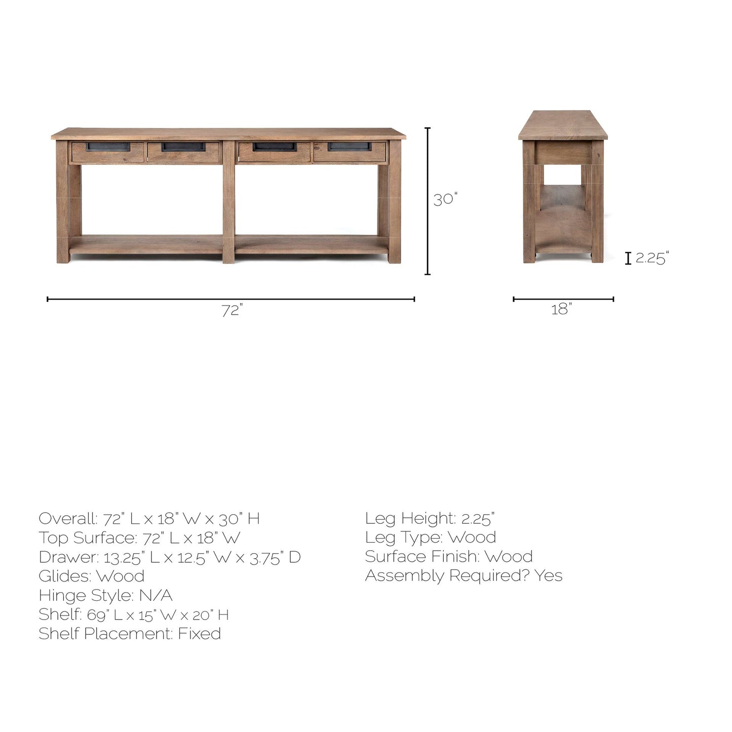 Harrelson III 72L x 18W Brown Wood 4 Drawer Console Table