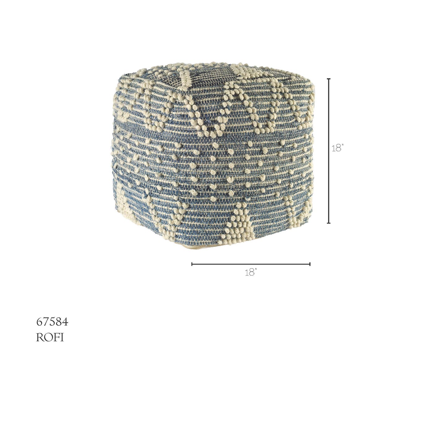 Rofi Blue Denim and Cream Cotton Stitched Square Pouf