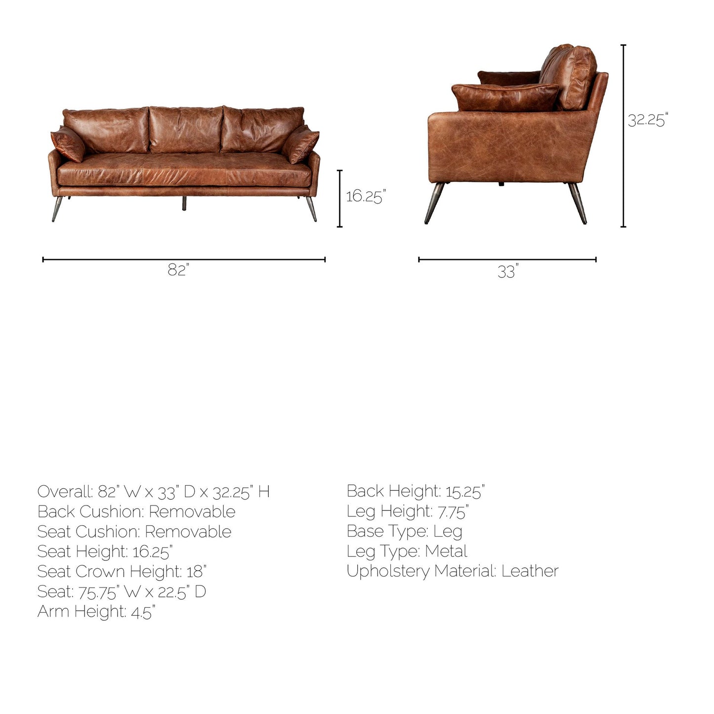 Cochrane II 82L x 33W x 32.25H Brown Leather Three Seater Sofa
