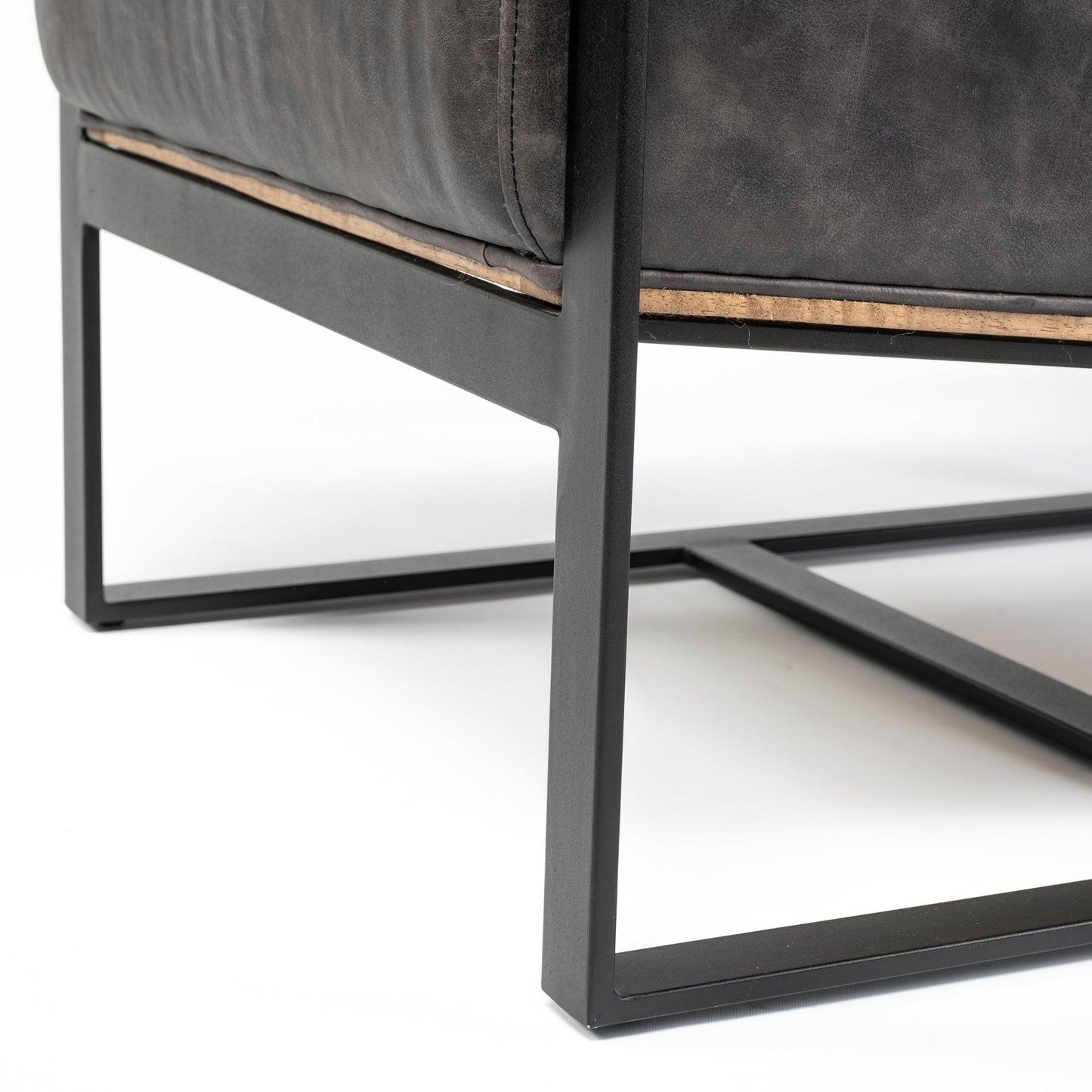 Stamford Black Genuine Leather Seat w/ Wood Back, Metal Frame Accent Chair