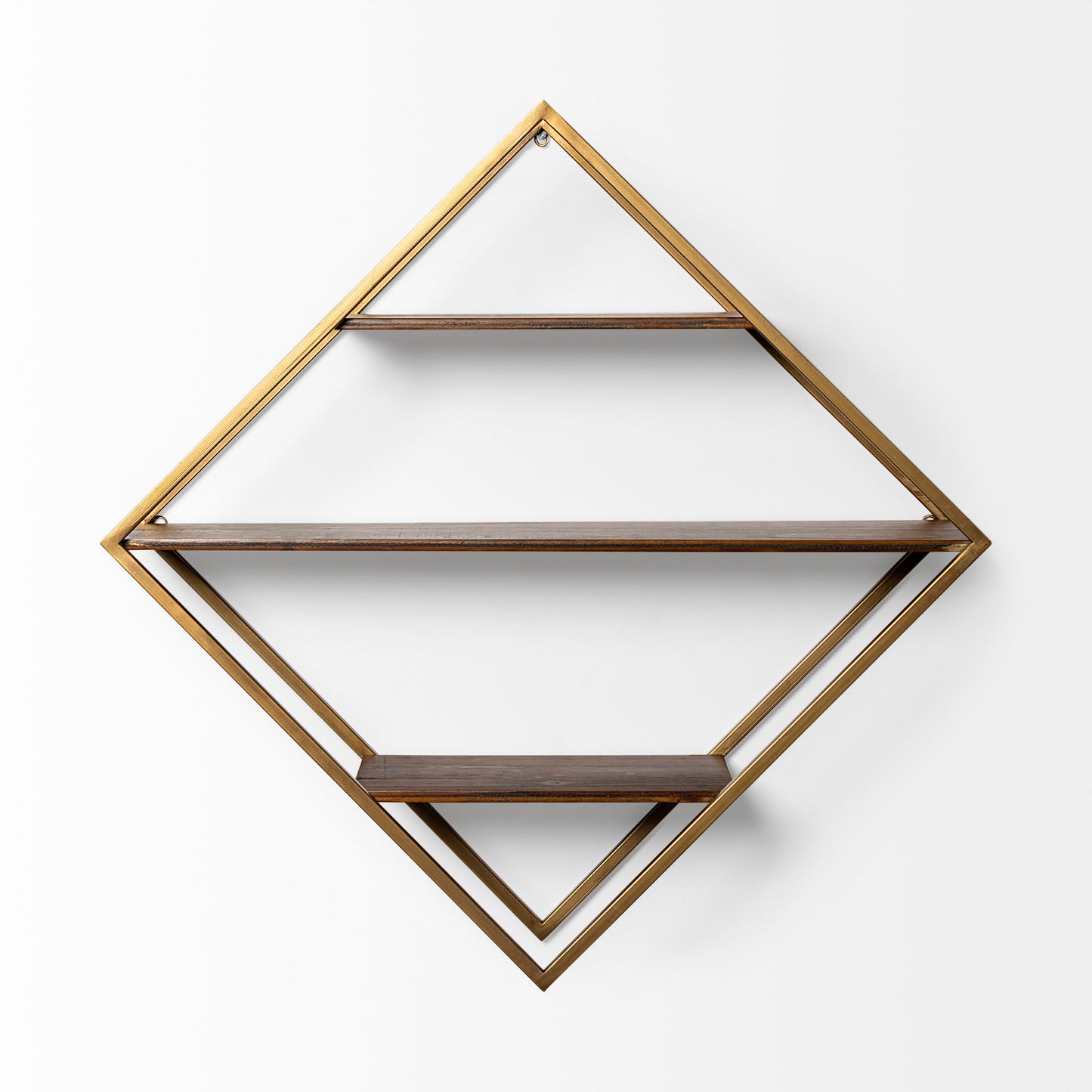 Neil I Diamond Shape Wall Mounted Brass Frame w Three Wood Wall Shelves