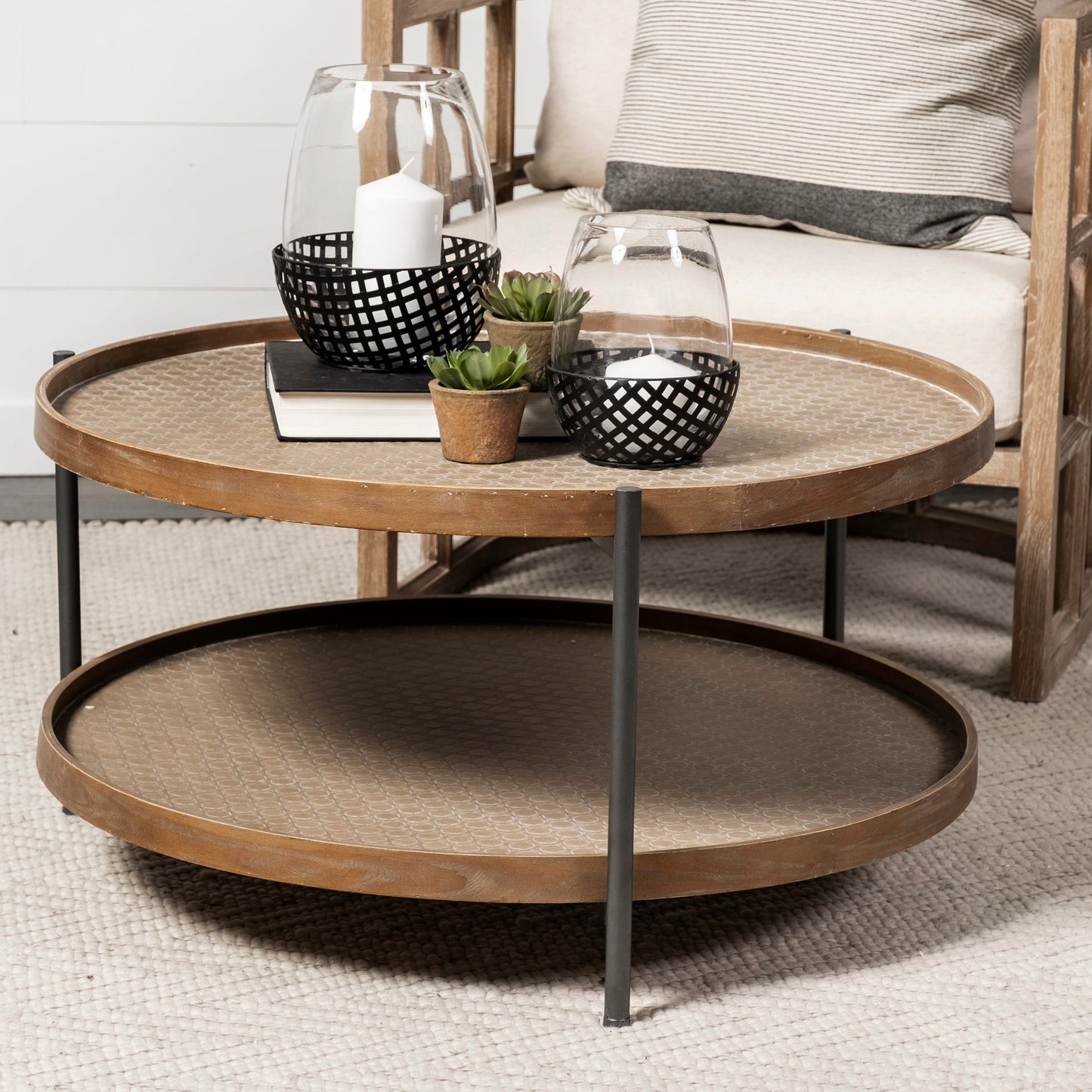 Kade 33" Round Brown Table Gray Metal Frame Two-Tier Coffee Table