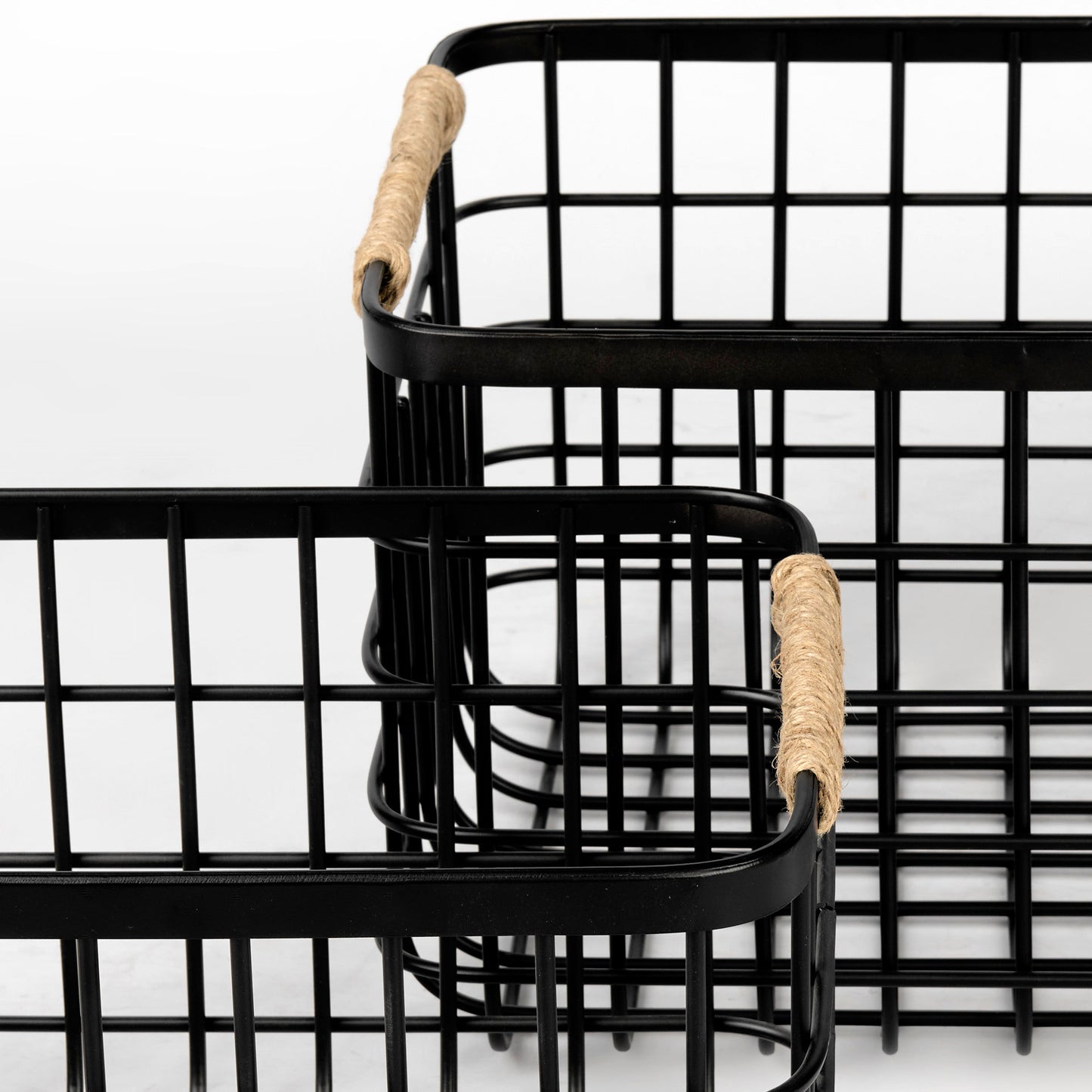 Marius 20.9L x 15.2W x 12.2 Set of Two Matte Black Metal W/ Rope Trim Rectangular Baskets
