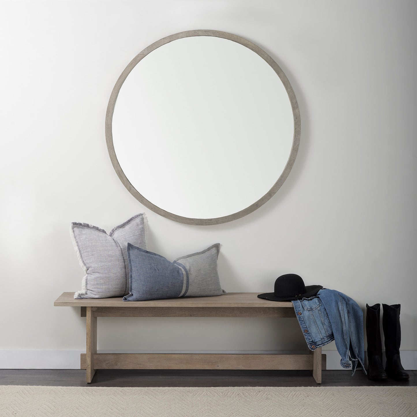 Gambit 46" Round Gray Wash Wood Frame Wall Mirror