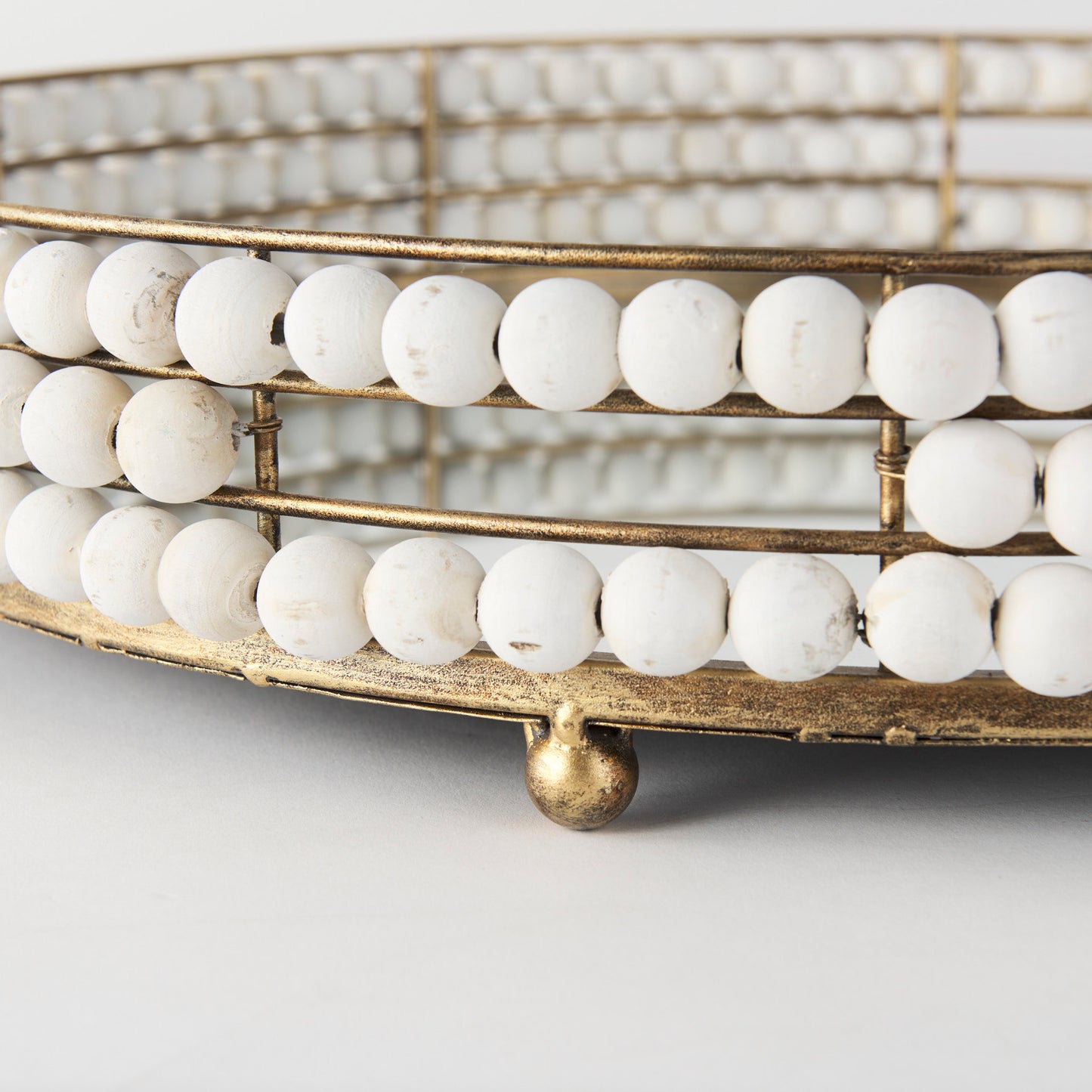 Decatur I 21L x 21W White Wooden Bead Mirrored Bottom Round Tray