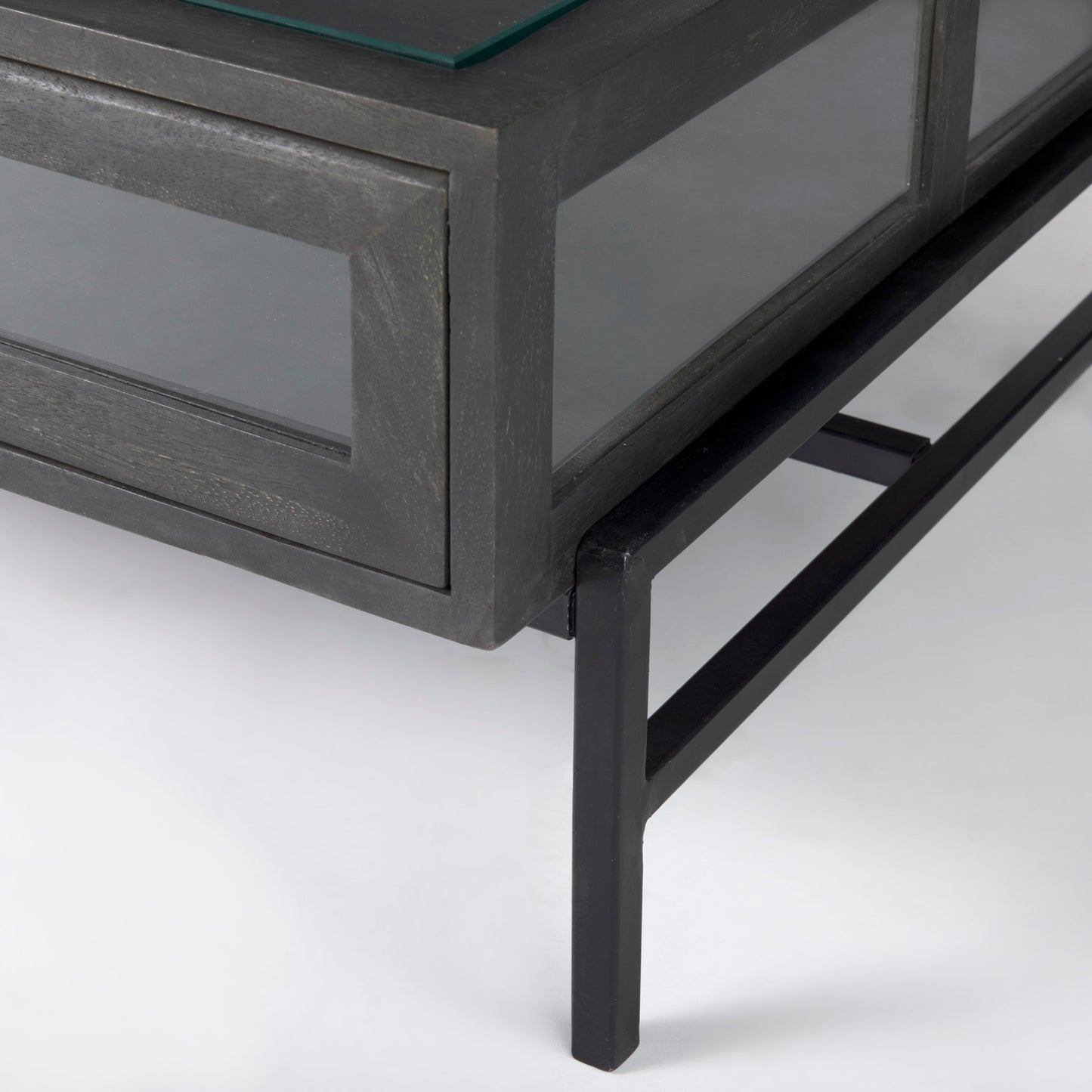 Arelius 42"L Rectangular Glass-Top Black-Brown Wood w/ Black Metal Base Display Coffee Table