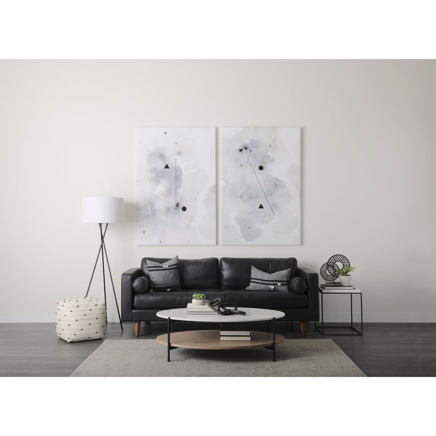 Amaira 16.0L x 16.0W x 16.0H Cream/Black/White patterned Wool and Cotton Pouf