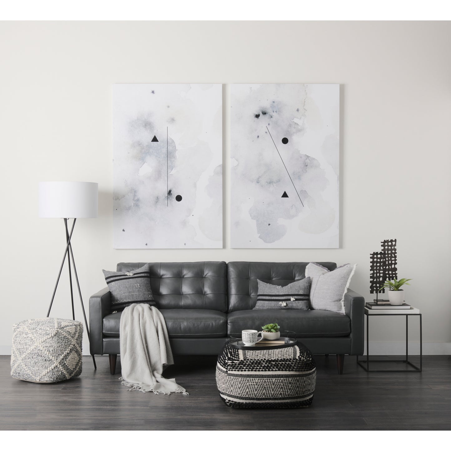 Garima 22.0L x 22.0W x 14.0H Black/White Wool and Cotton Patterned Pouf