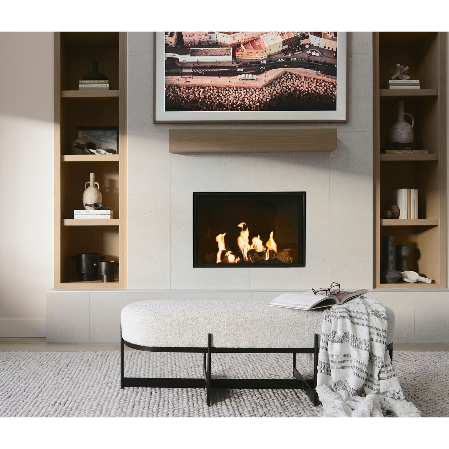 Amelia 55.0L x 18.0W x 18.0H Cream Boucle W/Black Metal Upholstered Bench