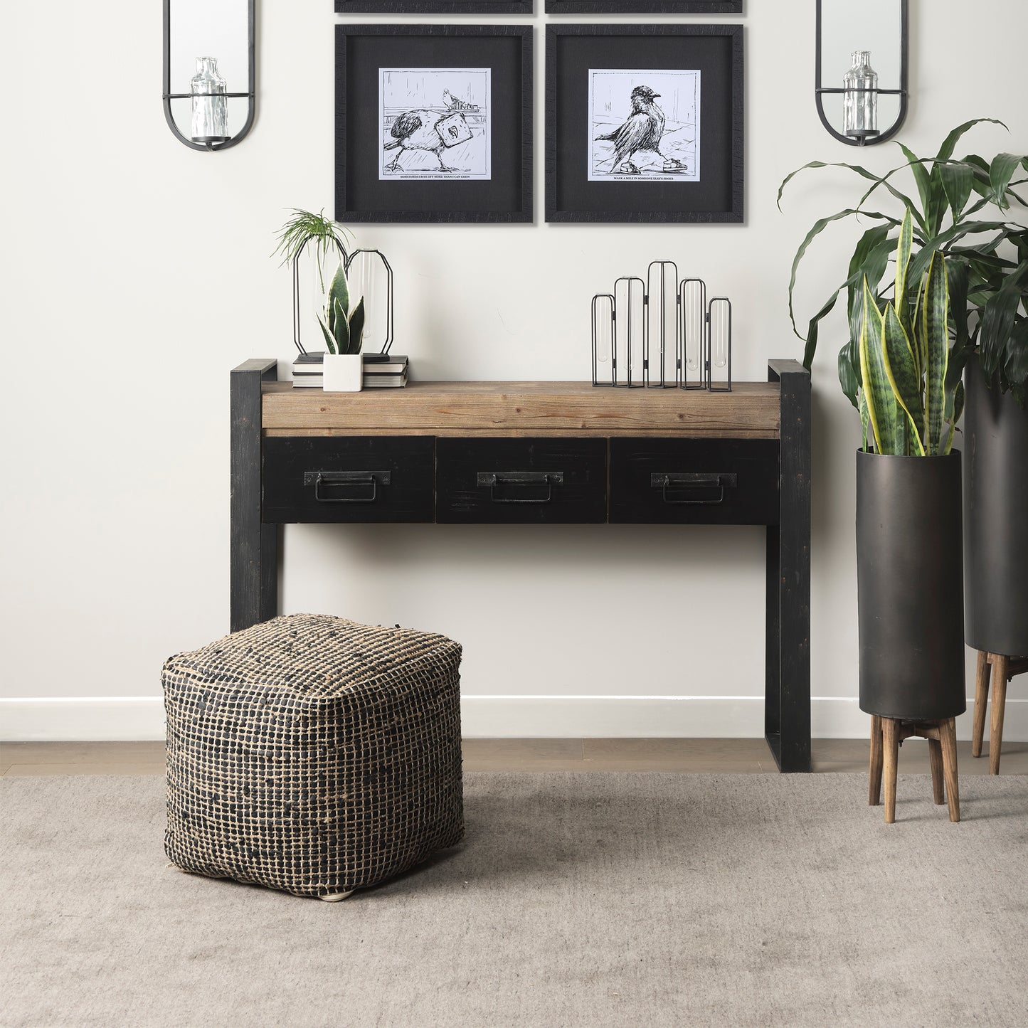 Aalia 16.0L x 16.0W x 16.0H Charcoal Leather and Jute Pouf