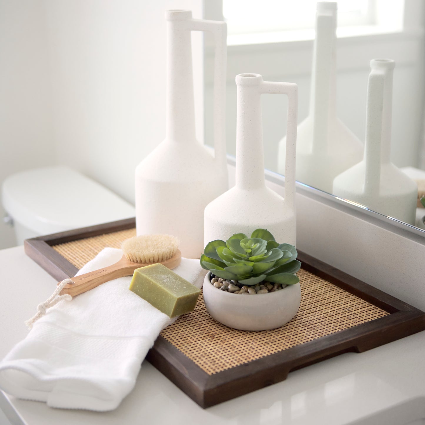 Silas Cane and Medium Brown Wood Rectangular Tray