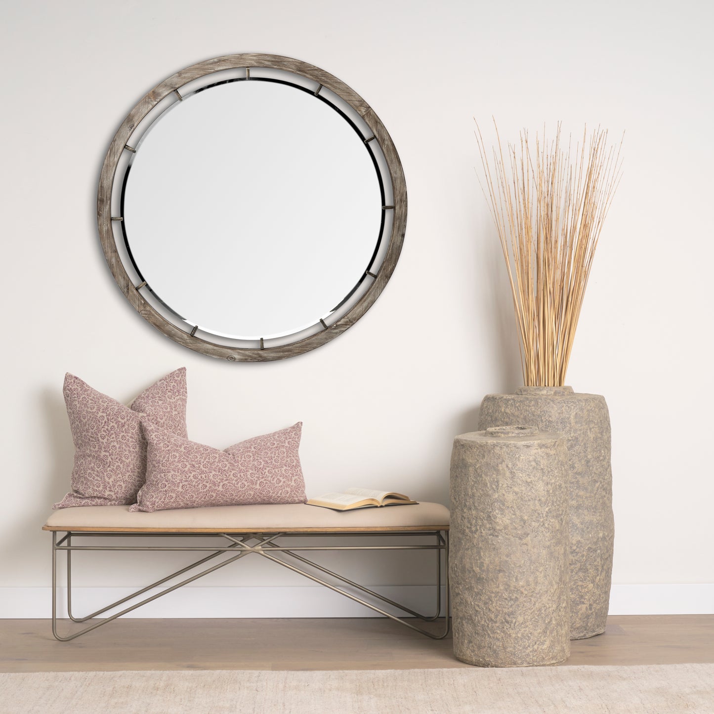 Sonance 46" Round Brown Wood Frame Mirror