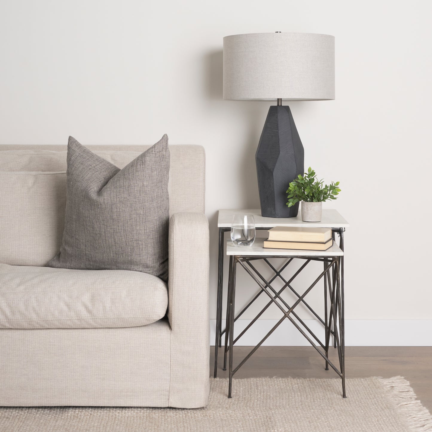 Lorlei 20.0L x 20.0W x 23.8H White Marble Top W/ Gray Iron Legs End and Side Table