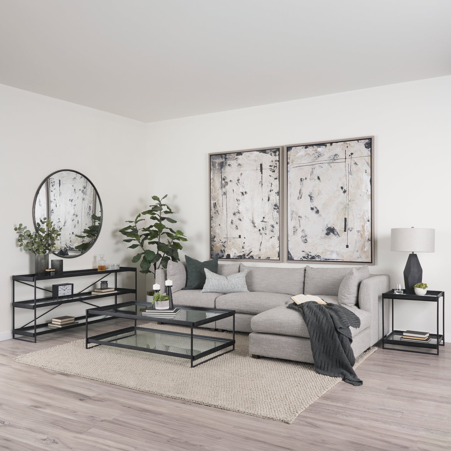 Trey 56"L x 32"W x 17"H Black Metal W/Glass Coffee Table