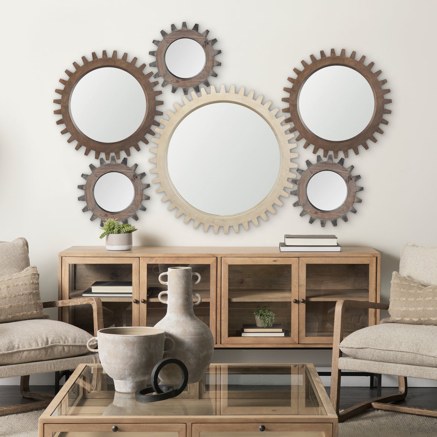 Cog Mirror 17" Round Brown Wood Frame Mirror