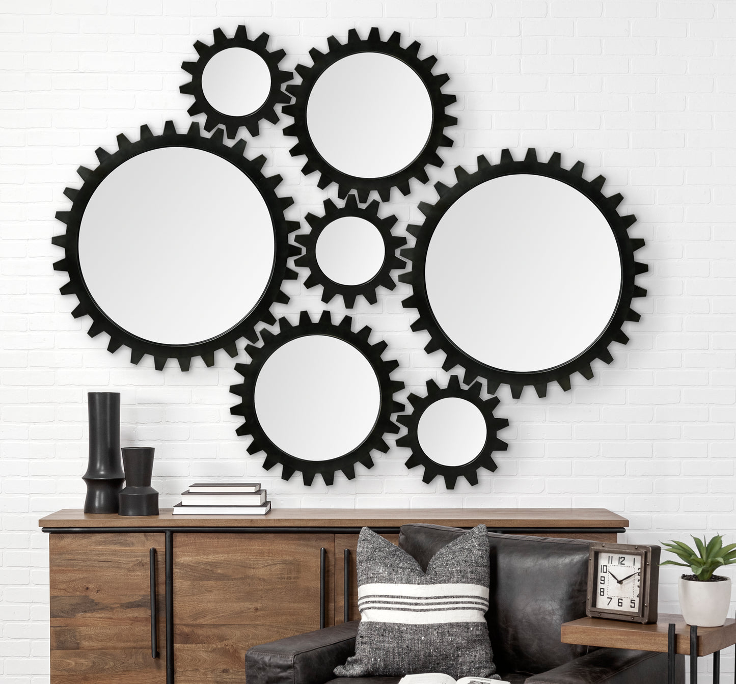 Alloy Cog 26" Round Black Metal Frame Mirror
