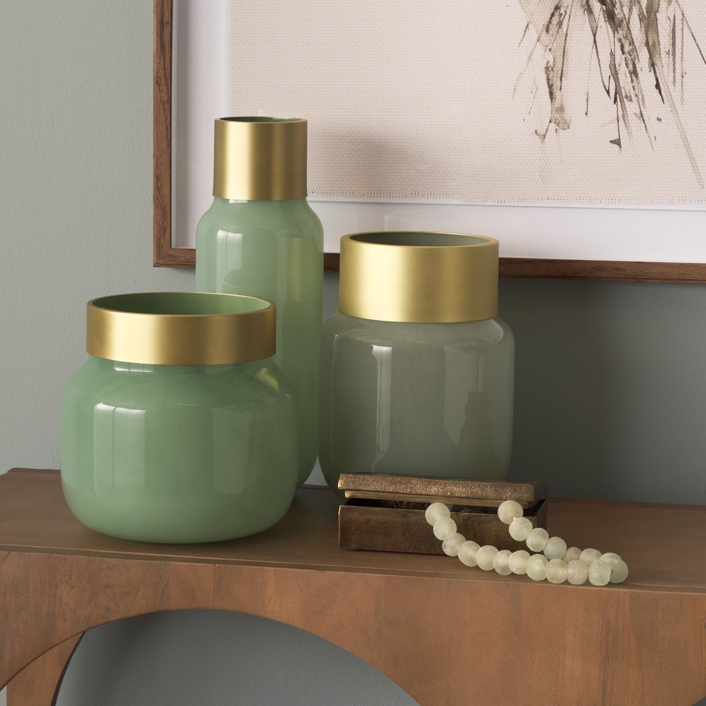 Minty 5.7L x 5.7W x 16.8H Green Glass Vase W/Matte Gold Metal Neck Cuff