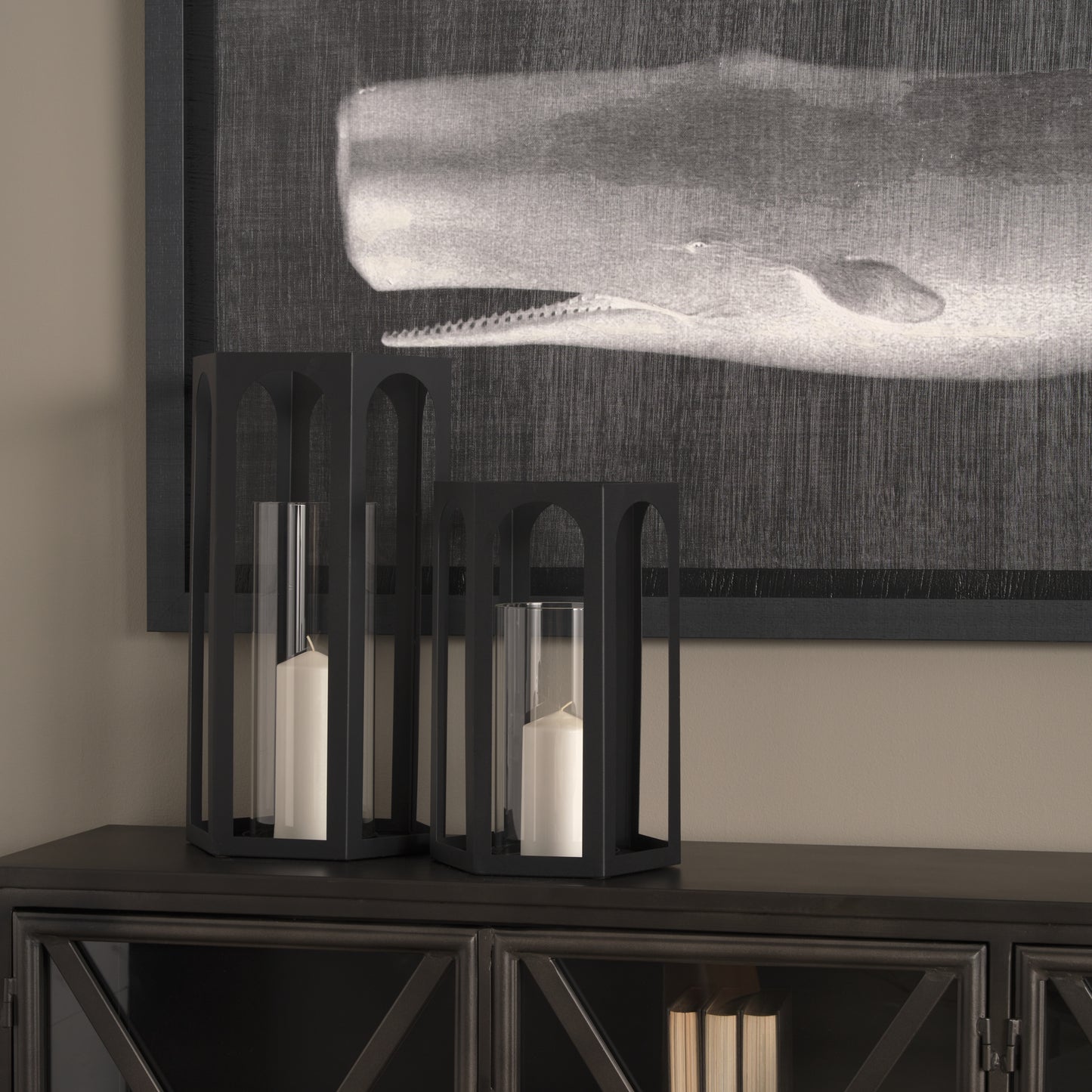 Balley 9.4L x 9.4W x 19.7H Set of Two Matte Black Metal Hexagonal Candle Holder Lanterns