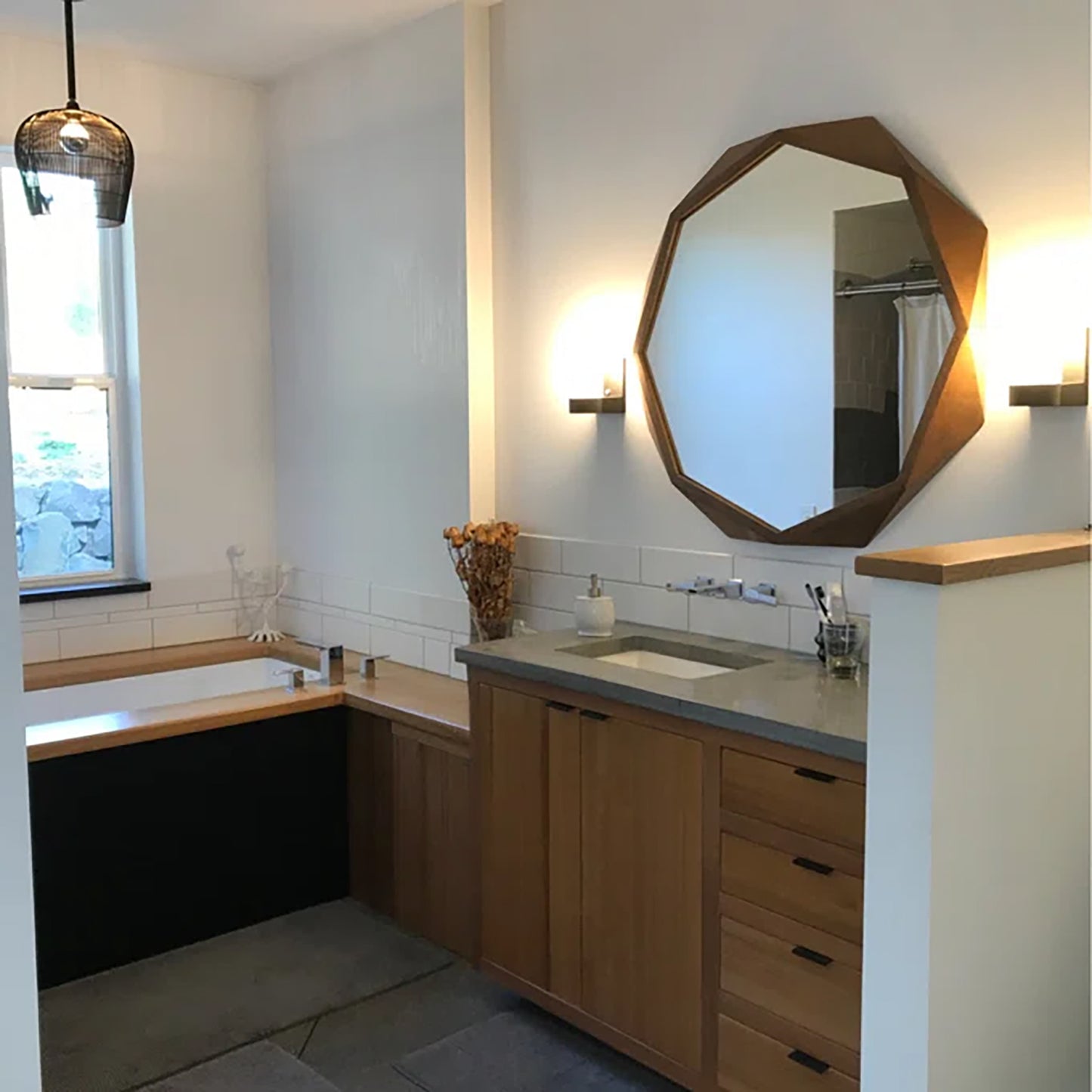 Aramis II 41L x 41H Octagon Brown Wood Frame Wall Mirror