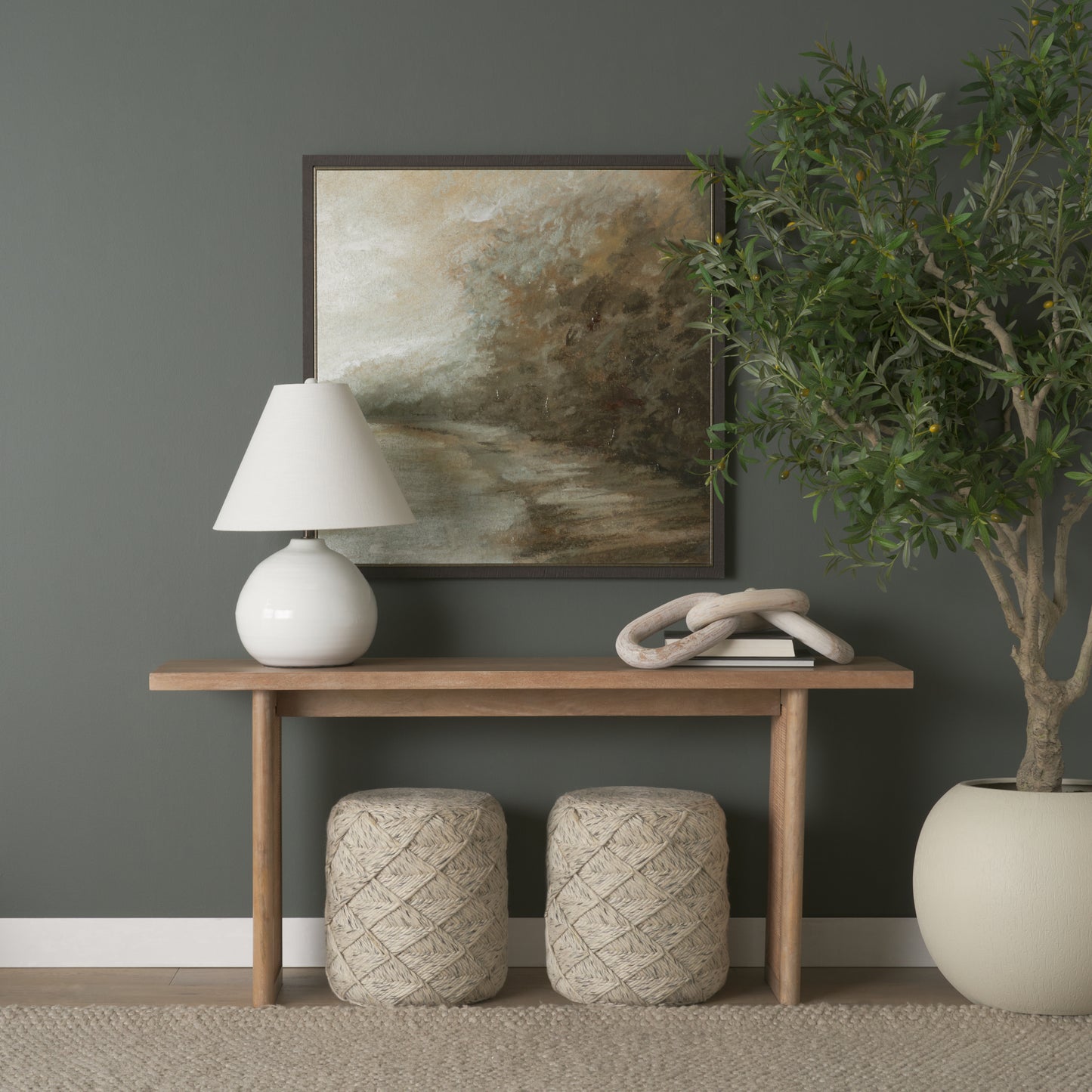 Esfera 17.7L x 15.7W x 15.7H Beige Chevron Woven Round Pouf