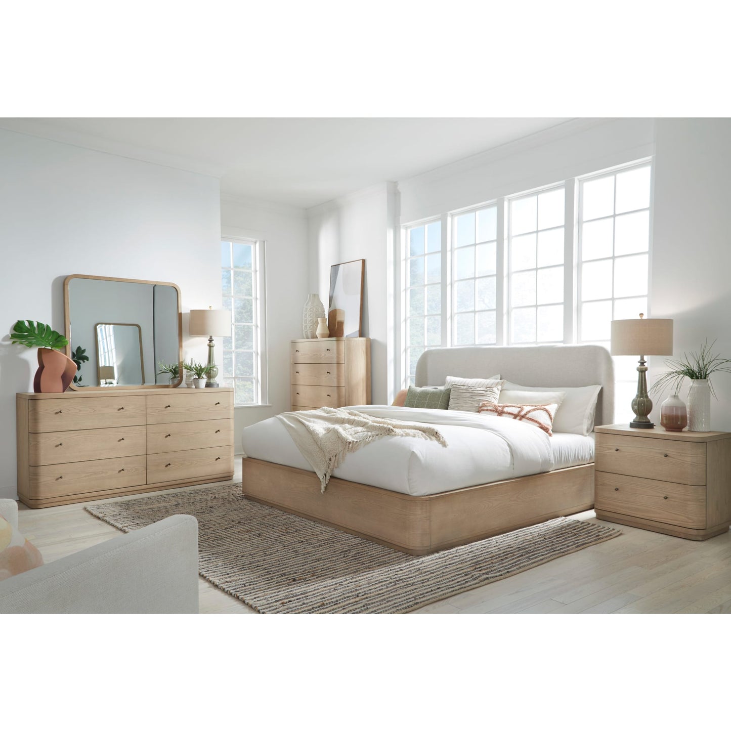 Penny Upholstered Platform Bed in Buff Cream Ash and Oatmeal Linen