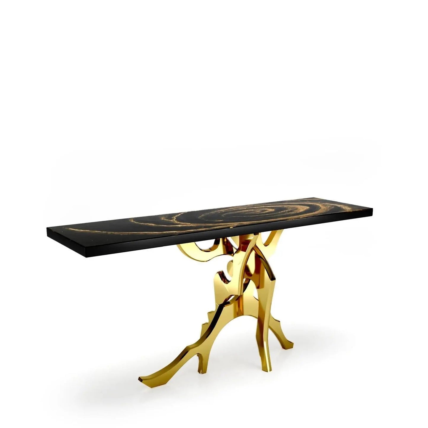 Albero Titanium Gold Polished Stainless Steel Base Black Fiore Large Console Table