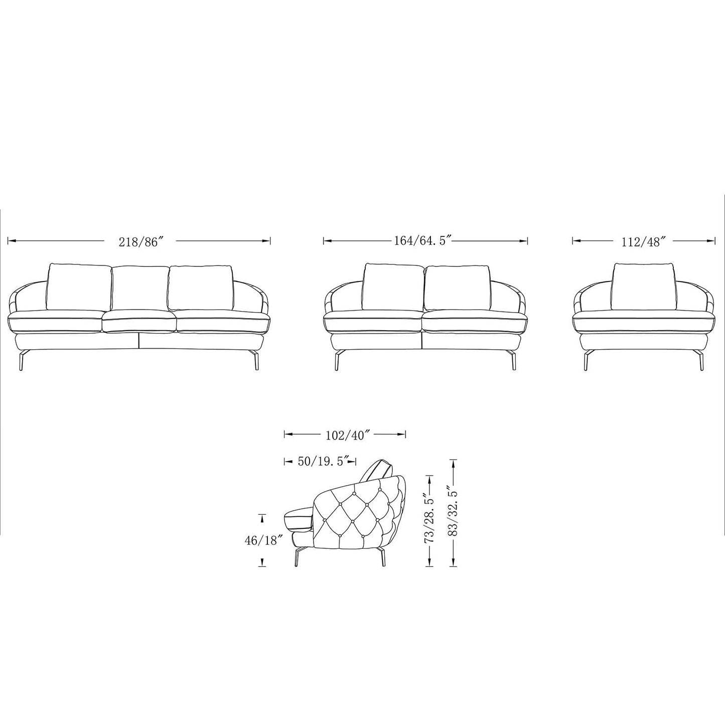 Giulia Silver Sofa Set – Black