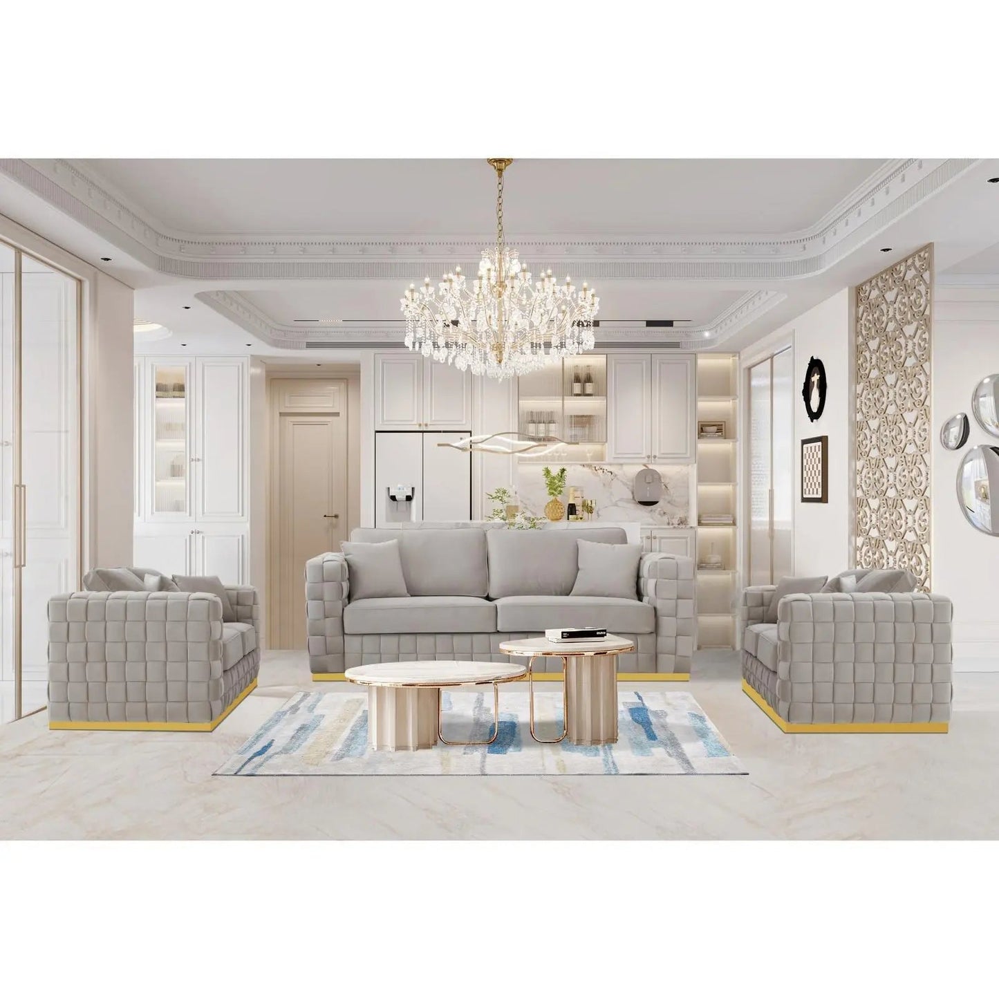 Liam Sofa Set with Brushed Gold Finish – Silver Grey