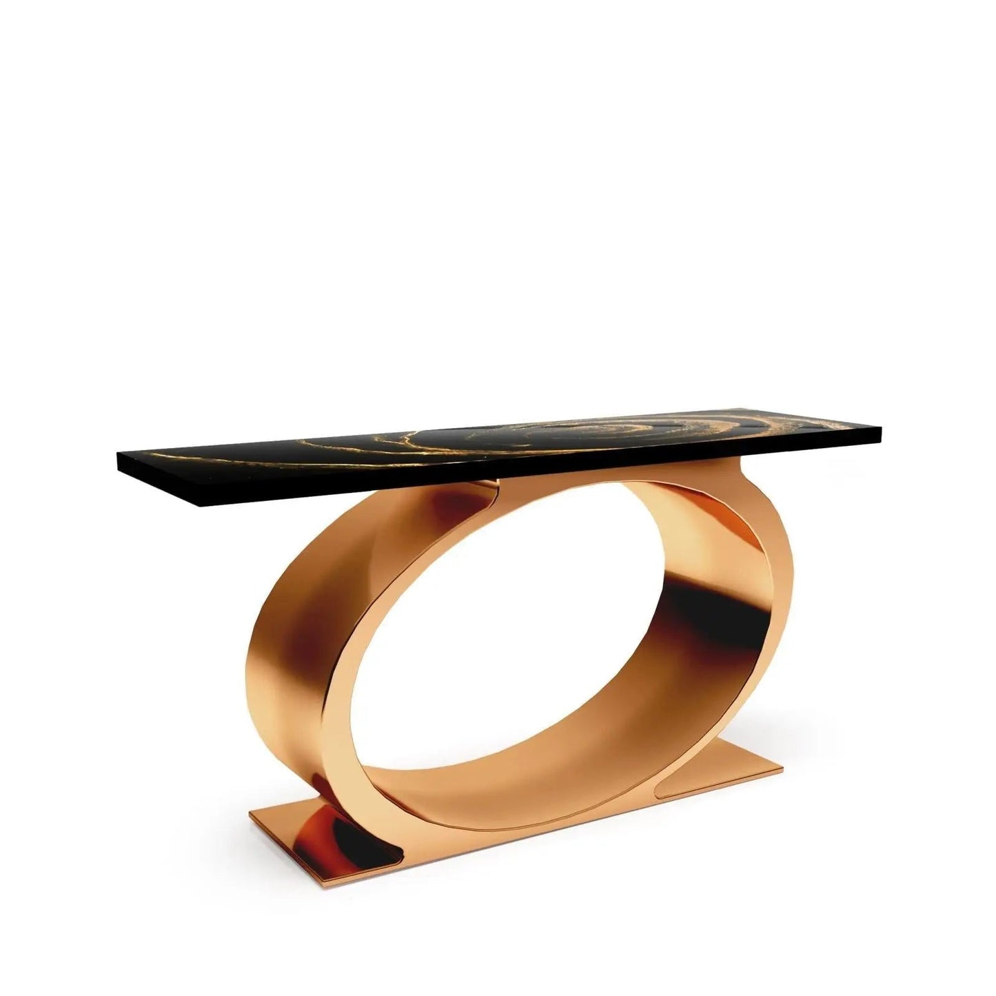Onyx Rose Gold Polished Stainless Steel Base Black Fiore Large Console Table