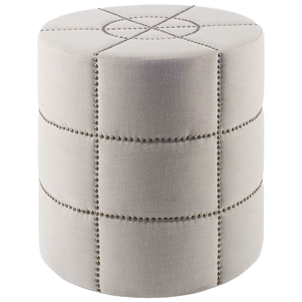 Beacon 20.5"H Cream Fabric w/ Metal Tacks Round Ottoman