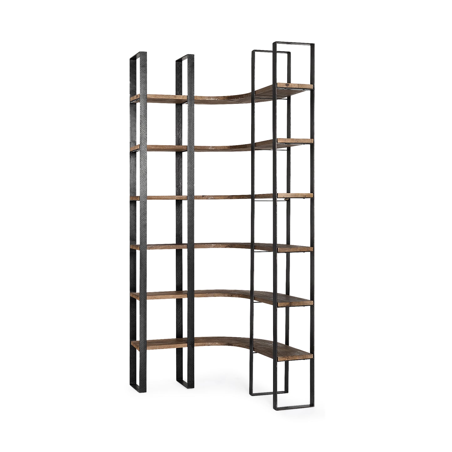 Turner II 37L x 10.5W x 90H Curved Dark Brown Wood And Black Iron Six Shelving Unit
