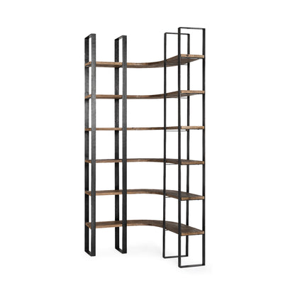 Turner II 37L x 10.5W x 90H Curved Dark Brown Wood And Black Iron Six Shelving Unit