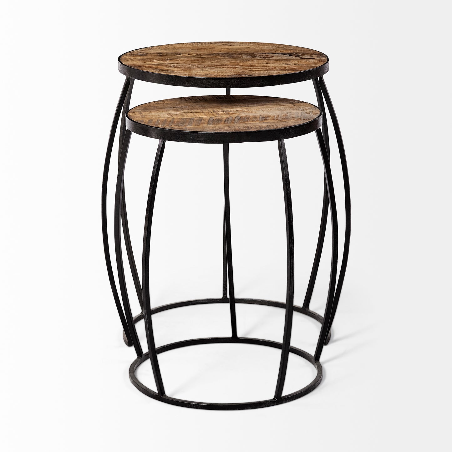 Clapp IV (Set of 2) 20L x 20W Brown Round Wood Top W/ Black Iron Frame Nesting Accent Tables