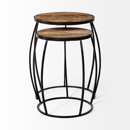 Clapp IV (Set of 2) 20L x 20W Brown Round Wood Top W/ Black Iron Frame Nesting Accent Tables