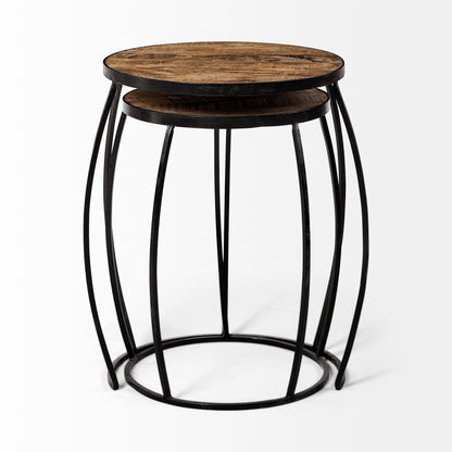 Clapp IV (Set of 2) 20L x 20W Brown Round Wood Top W/ Black Iron Frame Nesting Accent Tables