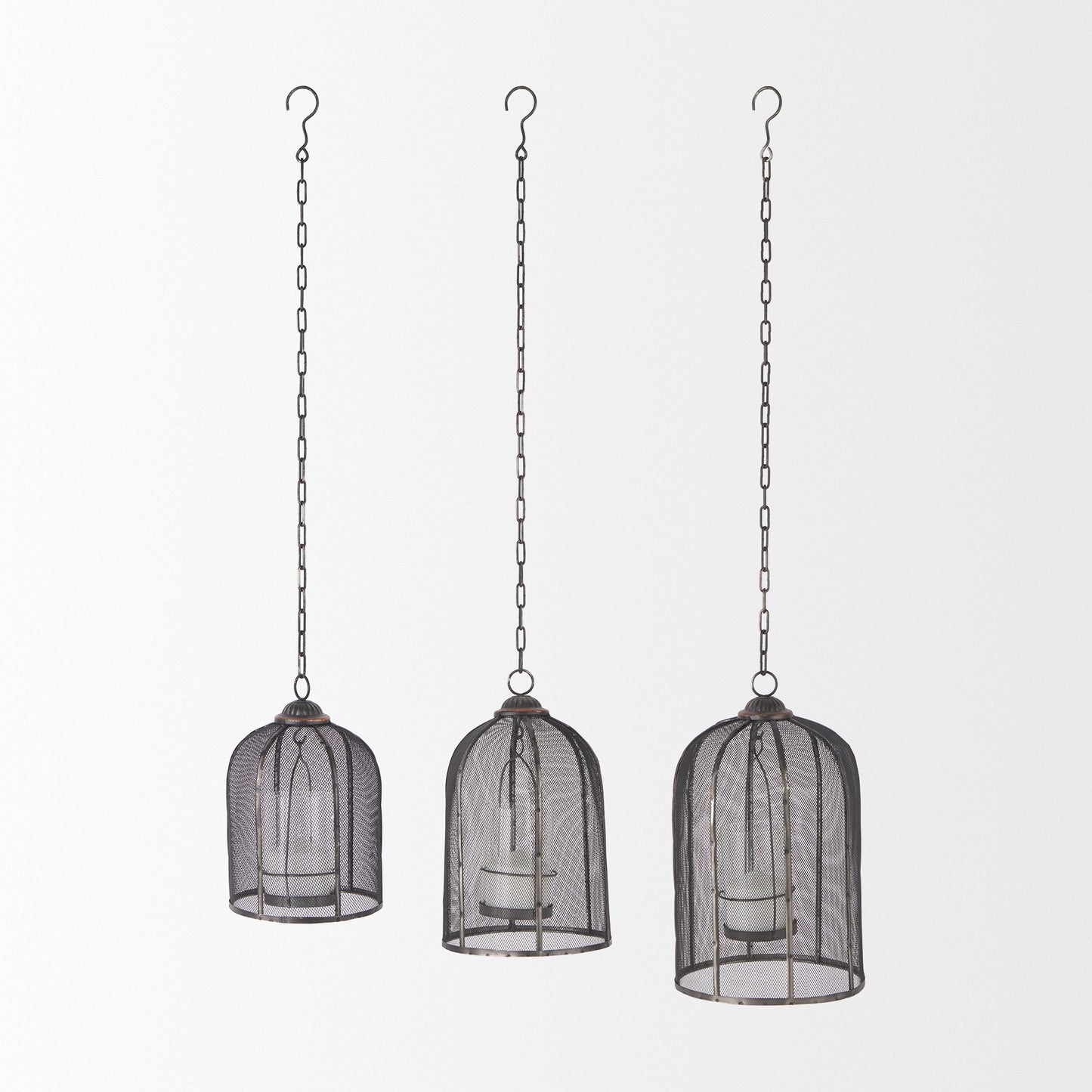 Jutland Set of Three Black Metal Bird Cage Candle Holder Lanterns