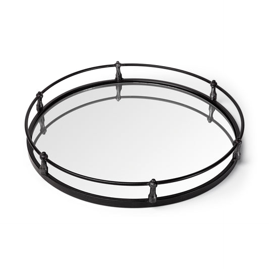 Kimbel 24L x 24W Black Metal Mirrored Base Round Tray