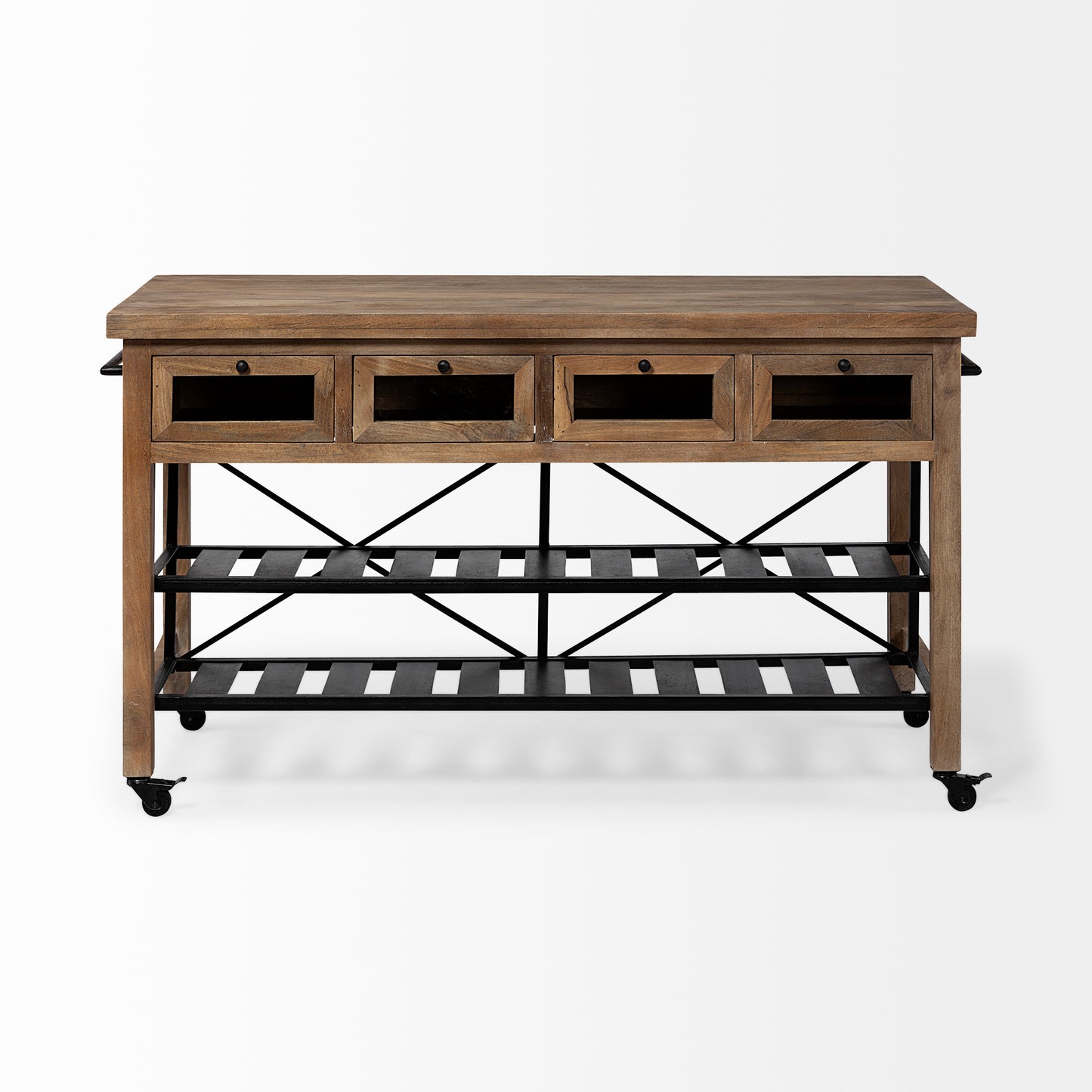Stuart I Brown Solid Wood Top Two-Tier Black Metal Rolling Kitchen Island