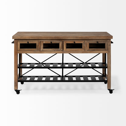 Stuart I Brown Solid Wood Top Two-Tier Black Metal Rolling Kitchen Island