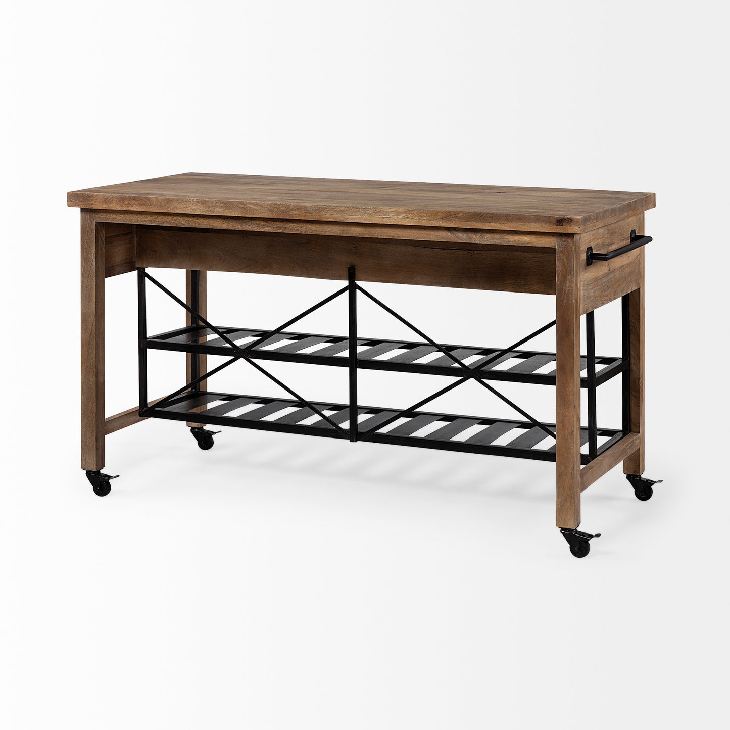 Stuart I Brown Solid Wood Top Two-Tier Black Metal Rolling Kitchen Island