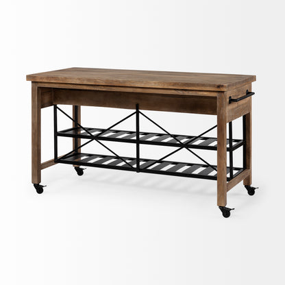 Stuart I Brown Solid Wood Top Two-Tier Black Metal Rolling Kitchen Island