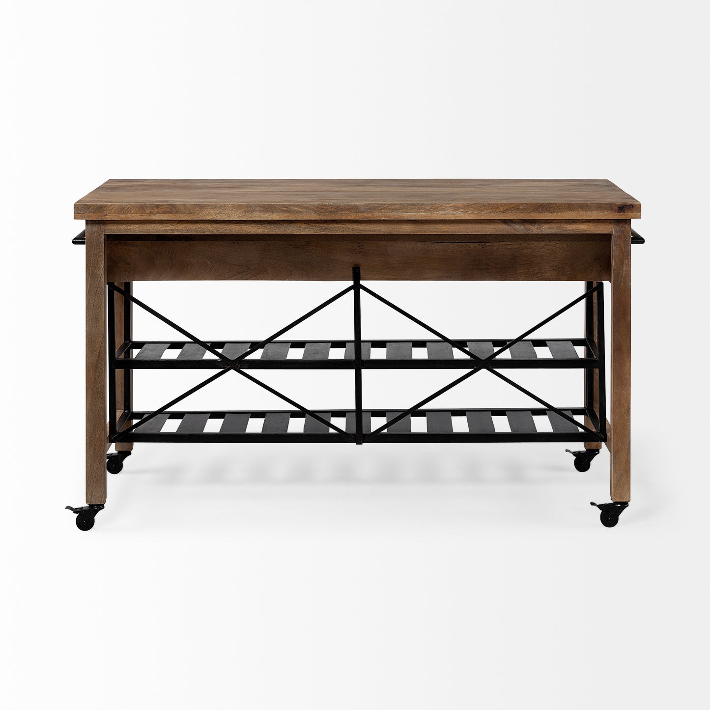 Stuart I Brown Solid Wood Top Two-Tier Black Metal Rolling Kitchen Island