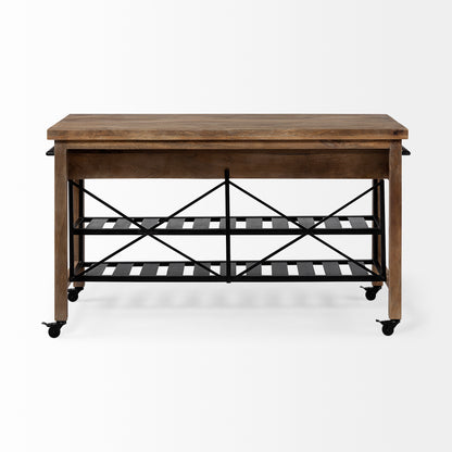 Stuart I Brown Solid Wood Top Two-Tier Black Metal Rolling Kitchen Island