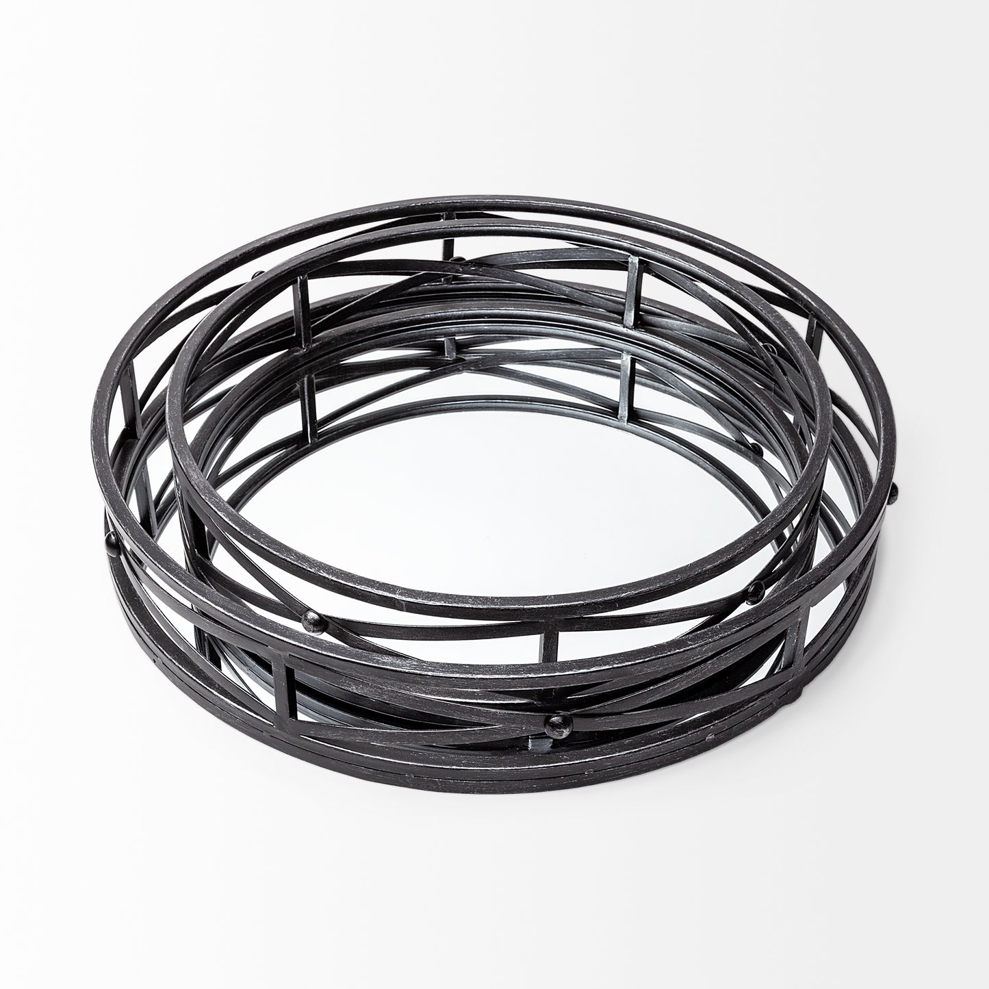 Piers (Set of 2) Black Metal Mirrored Round Trays