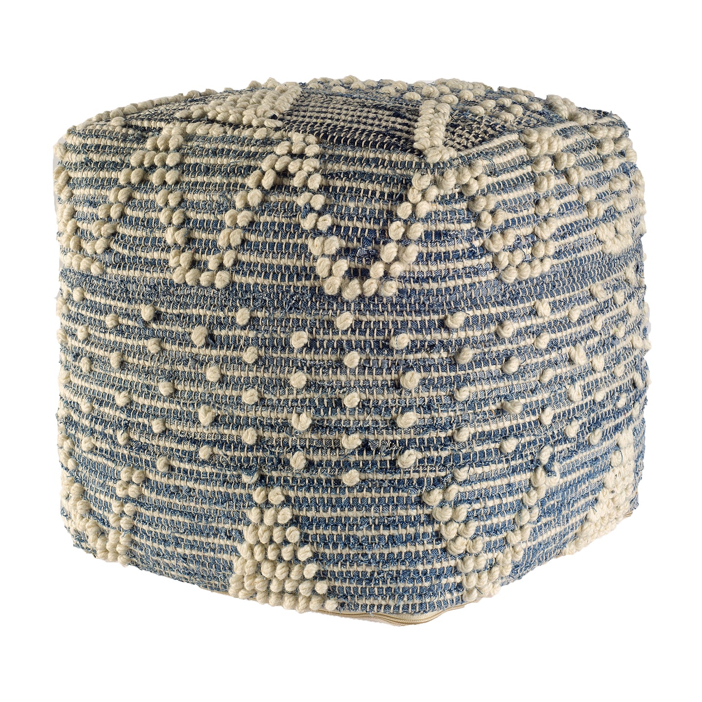 Rofi Blue Denim and Cream Cotton Stitched Square Pouf